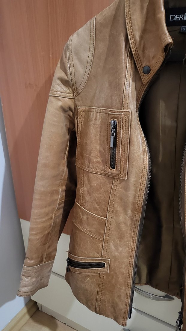 Bej Deri Biker Ceket - Görsel 4