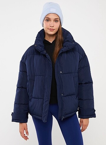 36 Beden lacivert Renk Dik Yaka Düz Oversize Şişme Mont