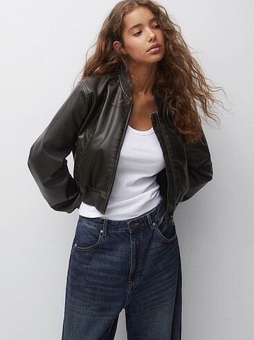 xs Beden haki Renk P&B Distressed Suni Deri Bomber Ceket