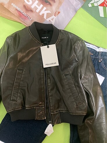 xs Beden P&B Distressed Suni Deri Bomber Ceket