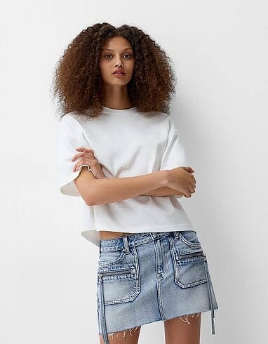 Bershka Kayışlı Denim Mini Etek
