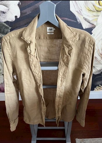 Bej Keten Erkek Gömlek Düğmeli - Görsel 2