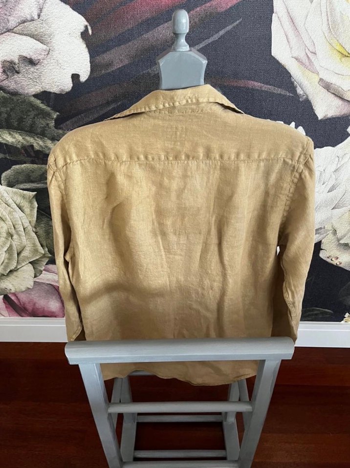 Bej Keten Erkek Gömlek Düğmeli - Görsel 3