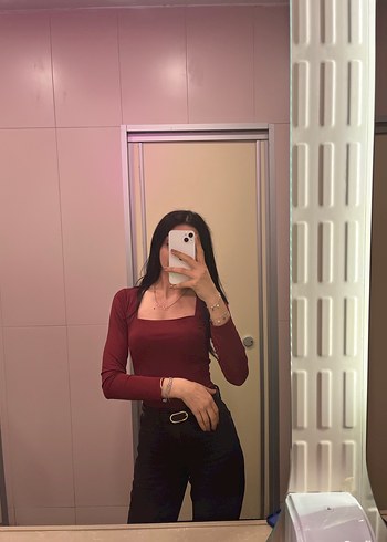 Bordo V Yaka Uzun Kollu Kadın Bluz - Görsel 3