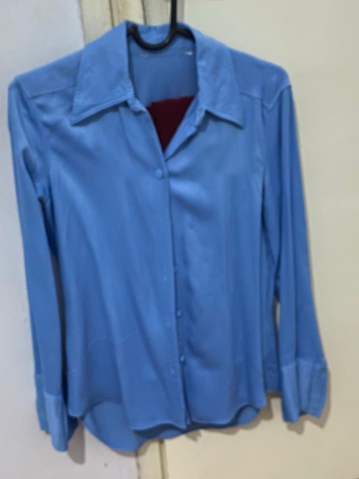 Mavi V Yaka Düğmeli Uzun Kollu Kadın Gömlek - Görsel 2