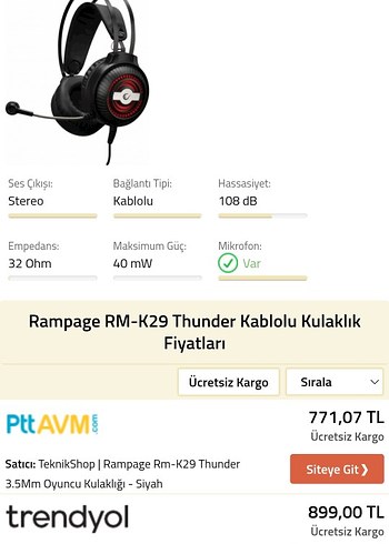 Beden Renk Rampage kulaklık Thunder