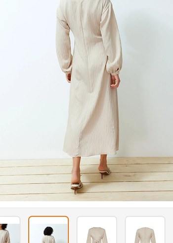 Bej Keten Kadın Uzun Elbise - Görsel 4