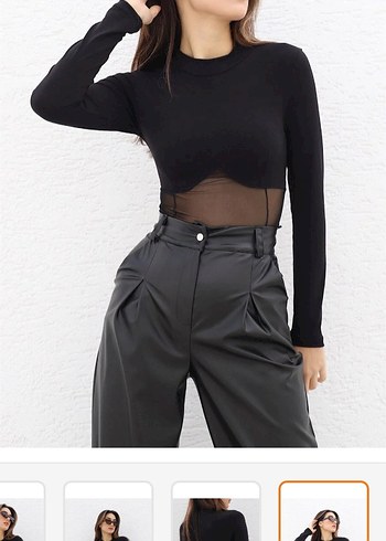 Siyah Deri ve Tül Detaylı Kadın Bluz - Görsel 3