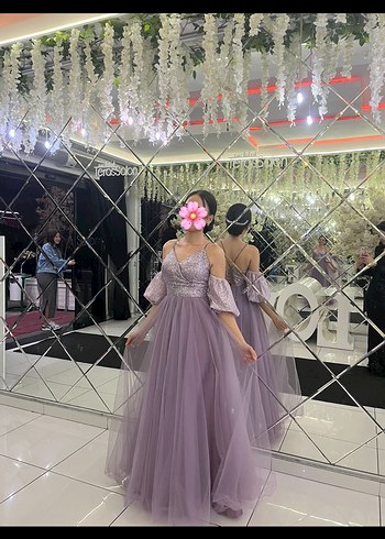 Mor Dantel İşlemeli Uzun Abiye Elbise - Görsel 2