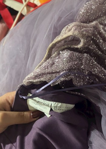 Mor Dantel İşlemeli Uzun Abiye Elbise - Görsel 3