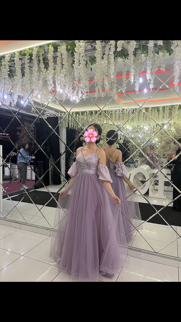 Mor Dantel İşlemeli Uzun Abiye Elbise - Görsel 2