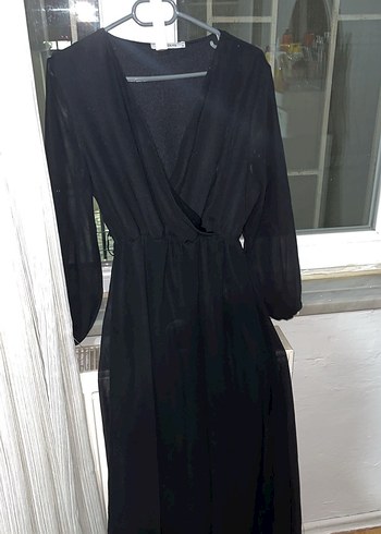 Uzun Siyah V Yaka Drapeli Kadın Elbise - Görsel 2