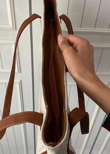 Bej Keten Kadın Omuz Çantası - Görsel 5