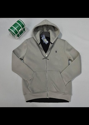 Gri Kapüşonlu Fermuarlı Erkek Sweatshirt