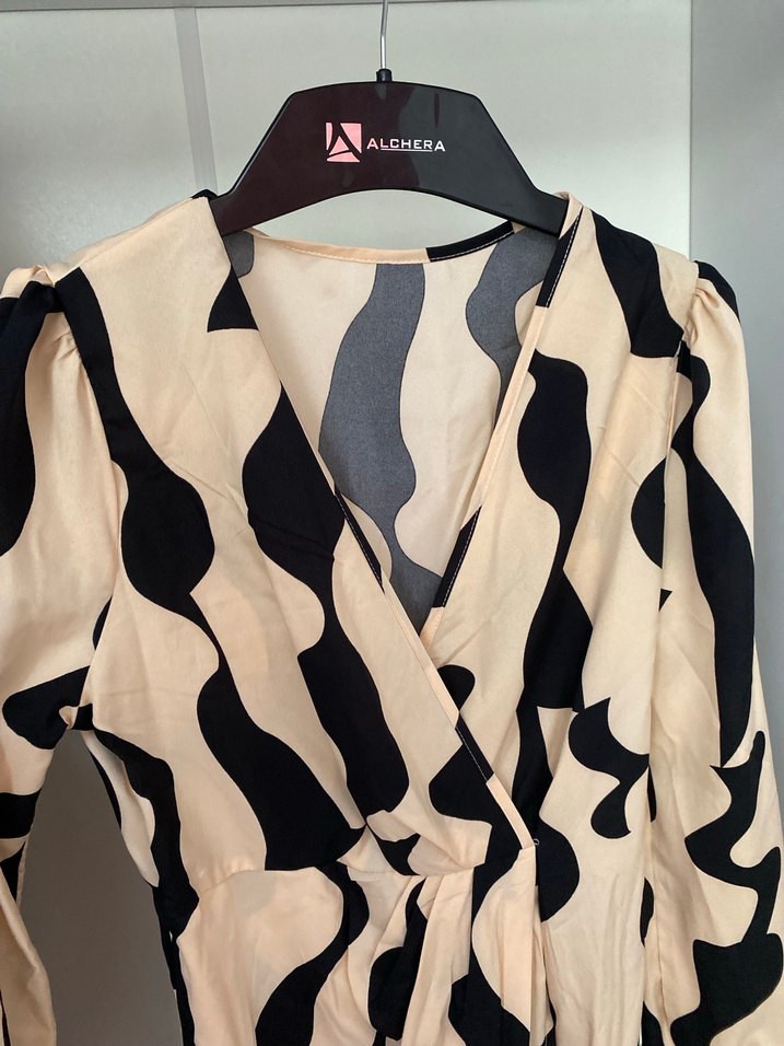 Bej Zebra Desenli Uzun V Yakalı Elbise - Görsel 3