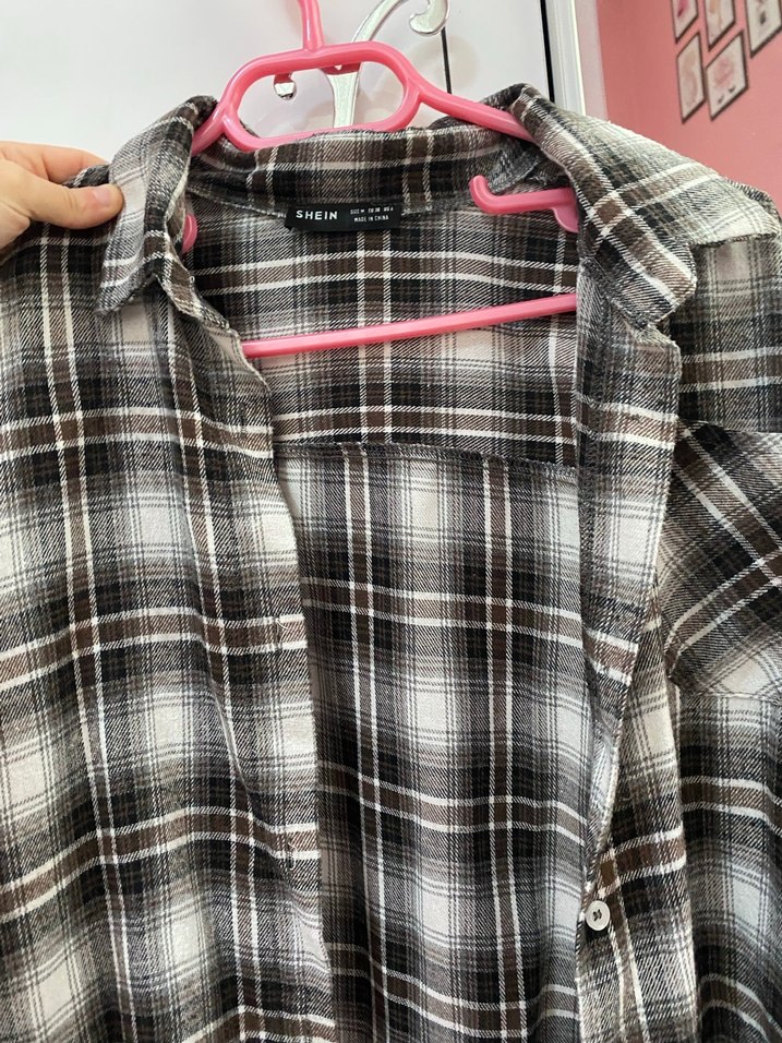 Gri Ekose Pamuklu Düğmeli Kadın Gömlek - Görsel 3