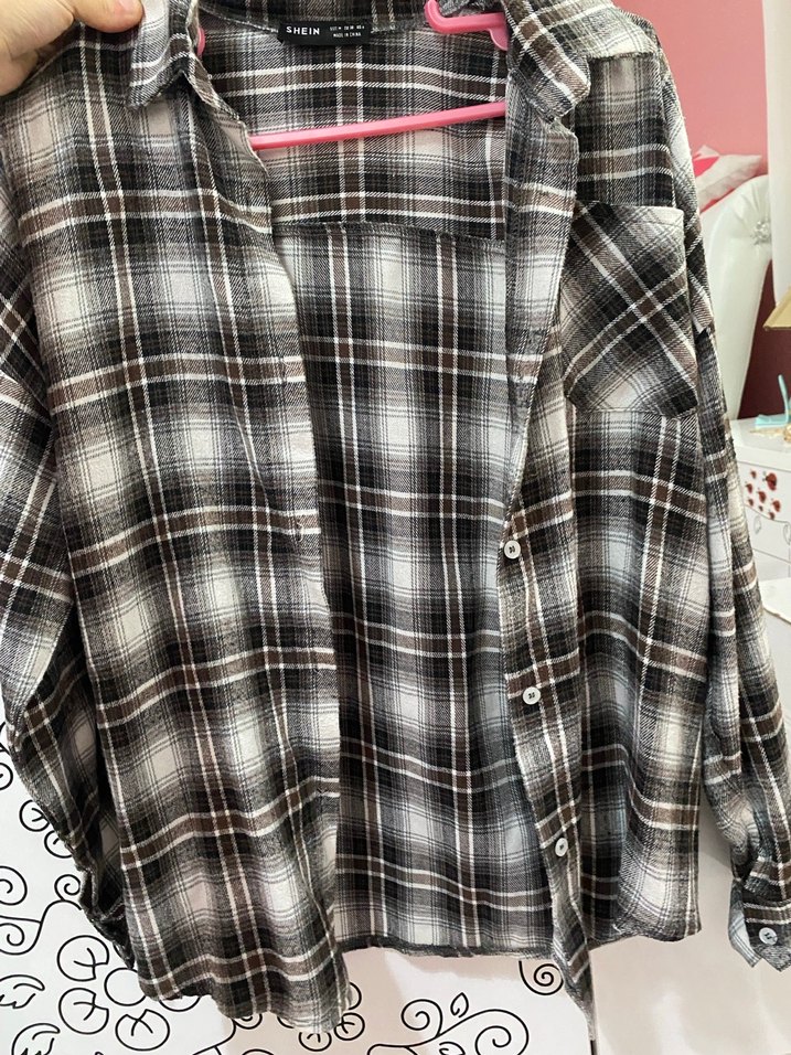 Gri Ekose Pamuklu Düğmeli Kadın Gömlek - Görsel 2