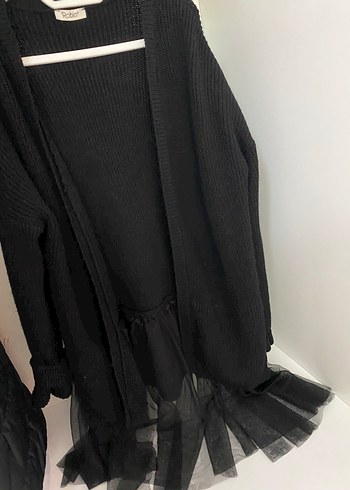 Siyah Uzun Triko Hırka Tül Detaylı - Görsel 2
