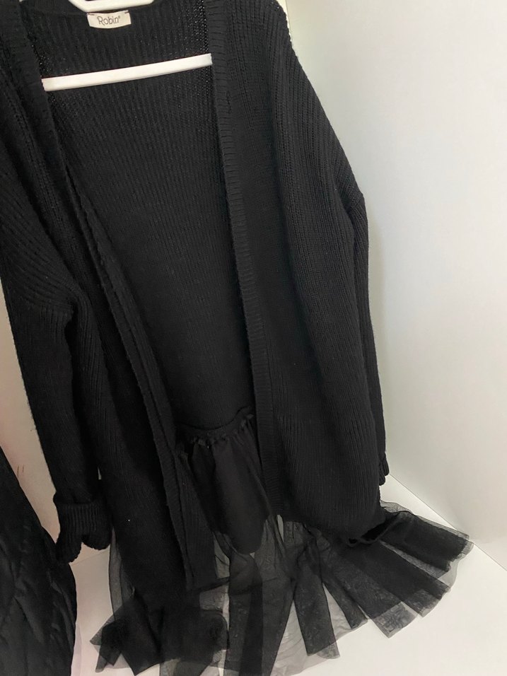 Siyah Uzun Triko Hırka Tül Detaylı - Görsel 2