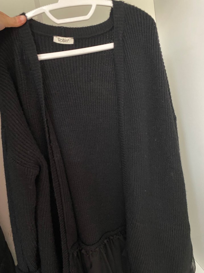 Siyah Uzun Triko Hırka Tül Detaylı - Görsel 3