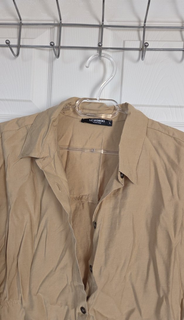 Bej Düğmeli Keten Kadın Gömlek - Görsel 2