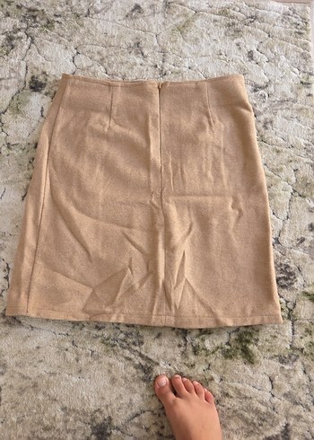 Düğmeli Bej Kadife Midi Etek - Görsel 3