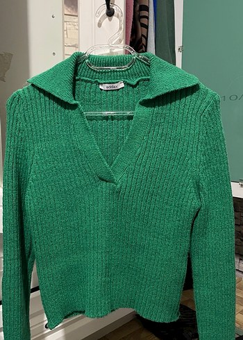 Yeşil V Yaka Örgü Kadın Kazak - Görsel 2