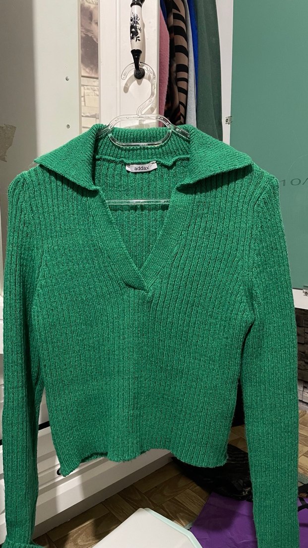 Yeşil V Yaka Örgü Kadın Kazak - Görsel 2