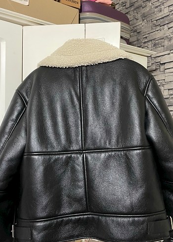 Bershka Siyah Deri Kürklü Biker Ceket - Görsel 2