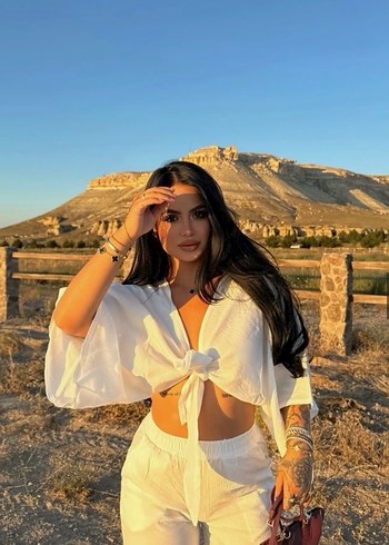 Diğer Bohem Beyaz V Yakalı Uzun Kollu Crop Top