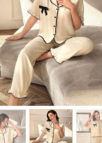 Diğer Kadın Beyaz Rahat Midi Pijama Takımı