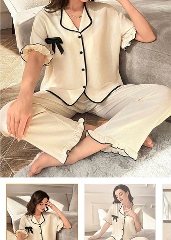 Kadın Beyaz Rahat Midi Pijama Takımı