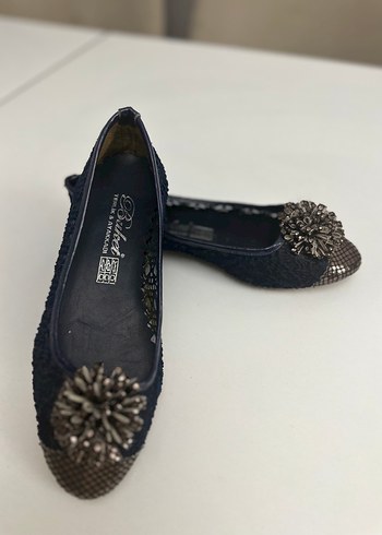 Mavi Yılan Desenli Payetli Dolgu Topuk Kadın Babet - Görsel 3