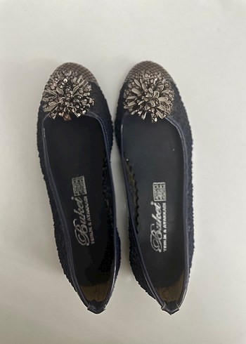 Mavi Yılan Desenli Payetli Dolgu Topuk Kadın Babet - Görsel 2