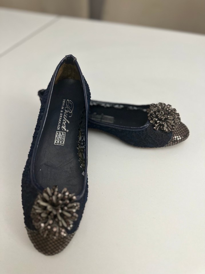 Mavi Yılan Desenli Payetli Dolgu Topuk Kadın Babet - Görsel 3