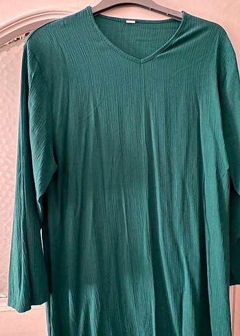 Uzun Turkuaz Keten V Yaka Kadın Elbise - Görsel 3