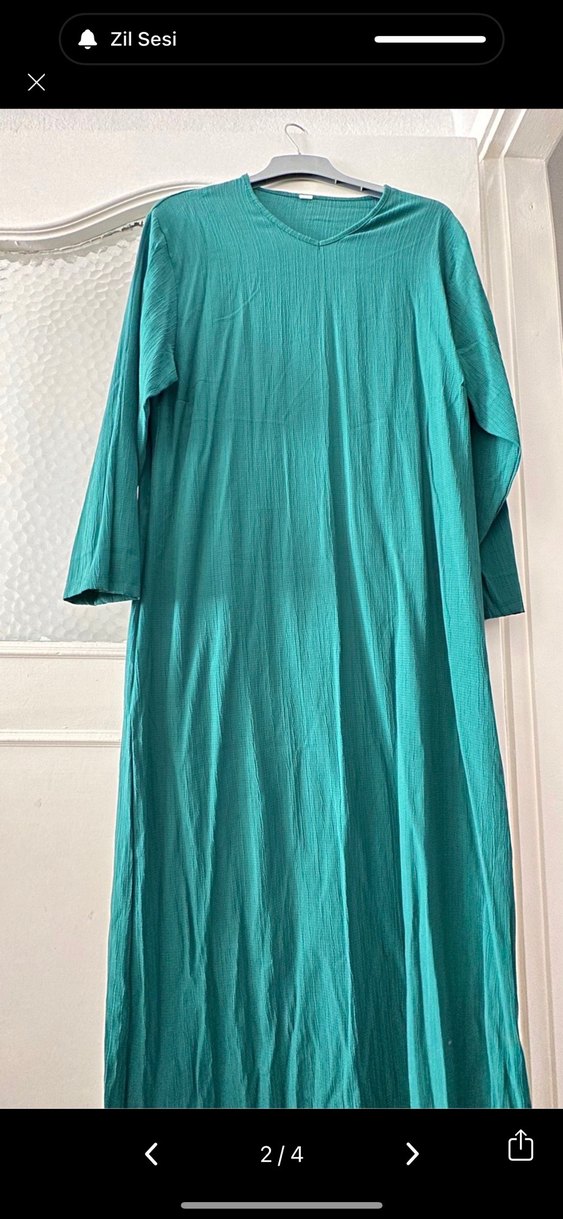 Uzun Turkuaz Keten V Yaka Kadın Elbise - Görsel 2