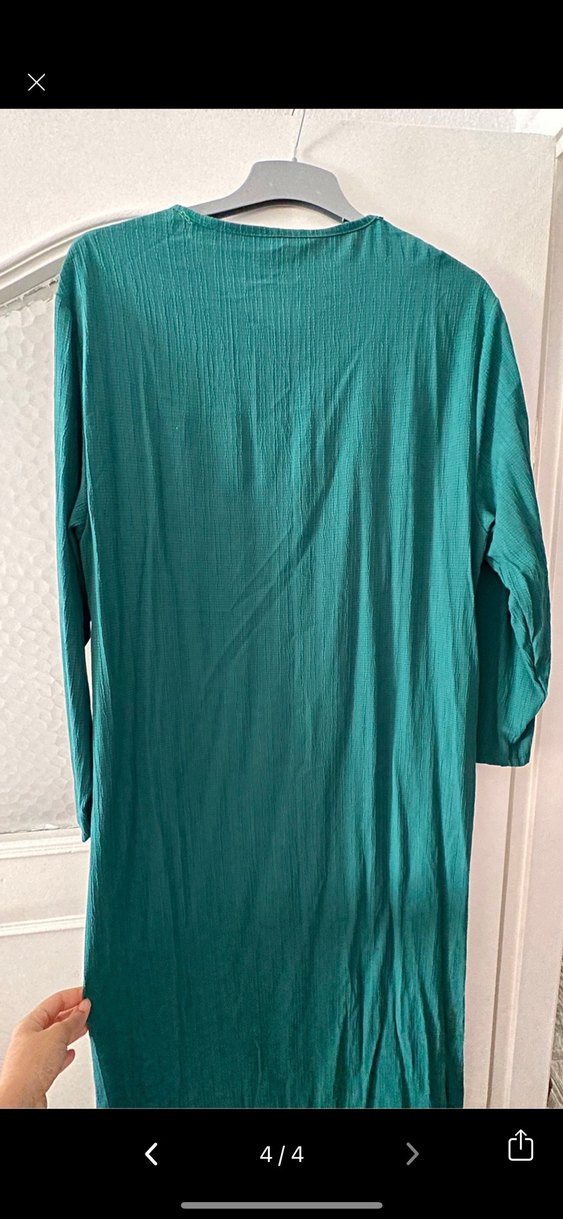 Uzun Turkuaz Keten V Yaka Kadın Elbise - Görsel 4