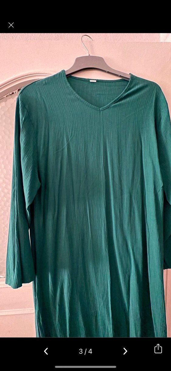 Uzun Turkuaz Keten V Yaka Kadın Elbise - Görsel 3