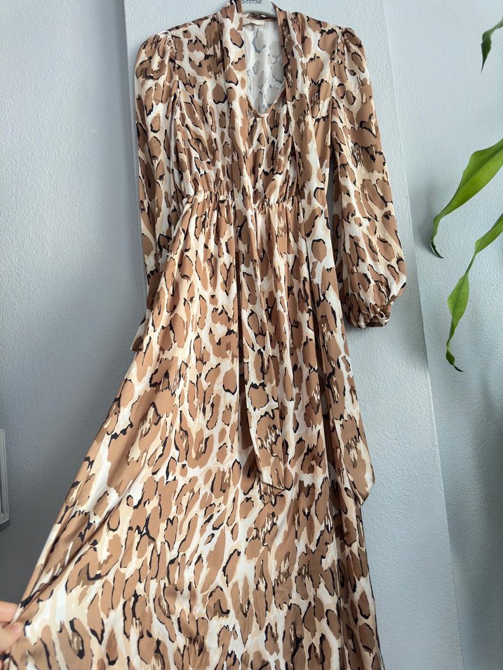 Kahverengi Leopar Desenli Uzun Elbise - Görsel 3