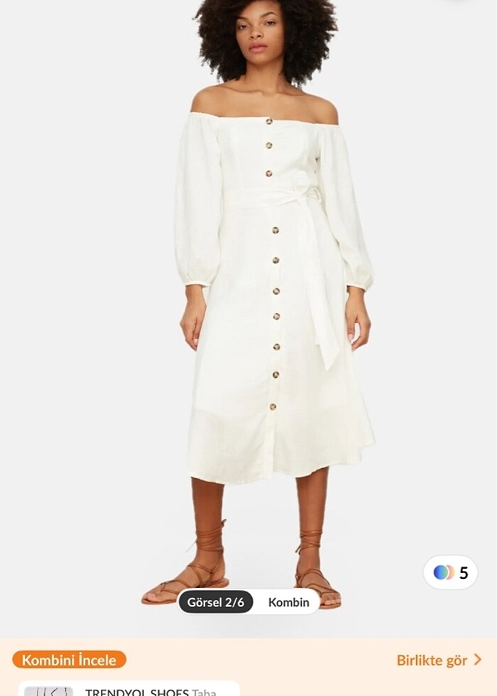 Beyaz keten düğmeli elbise - Görsel 2