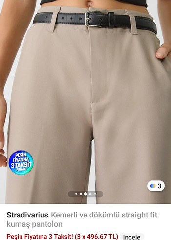 34 Beden haki Renk Stradivarius Kemerli Regular Fit Pantolon