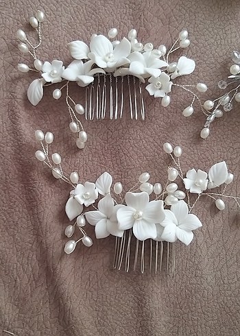 GELİN SAÇI Beyaz Boncuklu Bohem Saç Aksesuarı Seti - Görsel 3