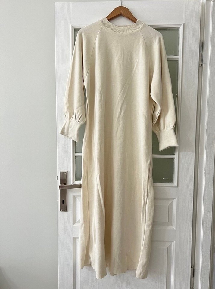 Uzun Kollu Beyaz Keten Salaş Elbise - Görsel 2