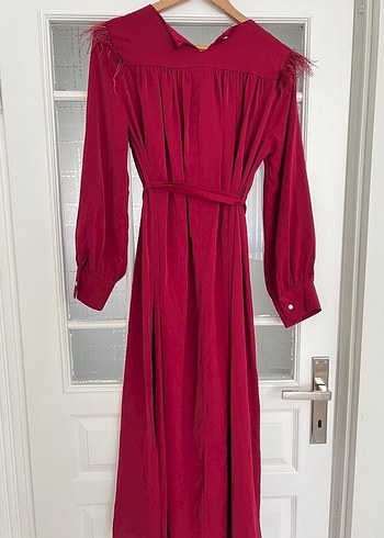 Bordo Uzun Kollu Drapeli Kadın Elbise - Görsel 2