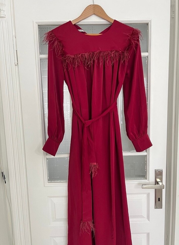 Bordo Uzun Kollu Drapeli Kadın Elbise - Görsel 3