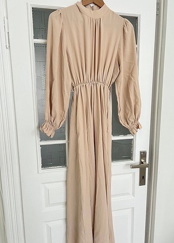 Bej Uzun Keten Elbise, Drapeli, Uzun Kollu - Görsel 2