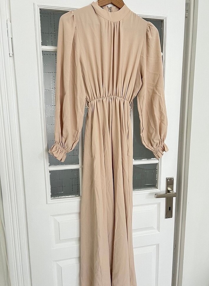 Bej Uzun Keten Elbise, Drapeli, Uzun Kollu - Görsel 2