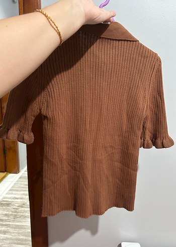 Düğmeli Kahverengi Kısa Kollu Triko Kazak - Görsel 2
