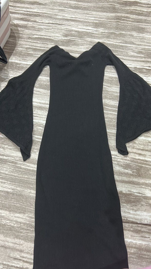 Kadın Siyah V Yaka Uzun Triko Elbise - Görsel 3